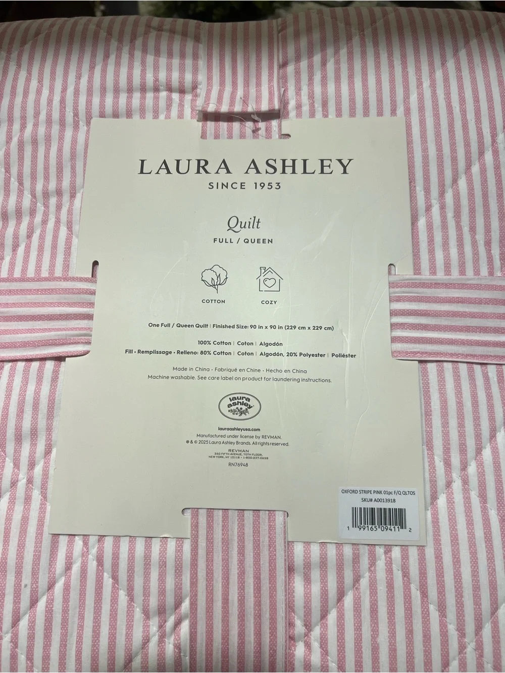 Laura Ashley Pink and White Oxford Striped Queen Quilt ~ NWT
